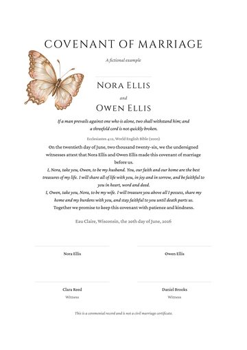 A marriage covenant for Nora and Owen Ellis, with a painted champagne butterfly beside their names, their vows, a verse and the signing lines.